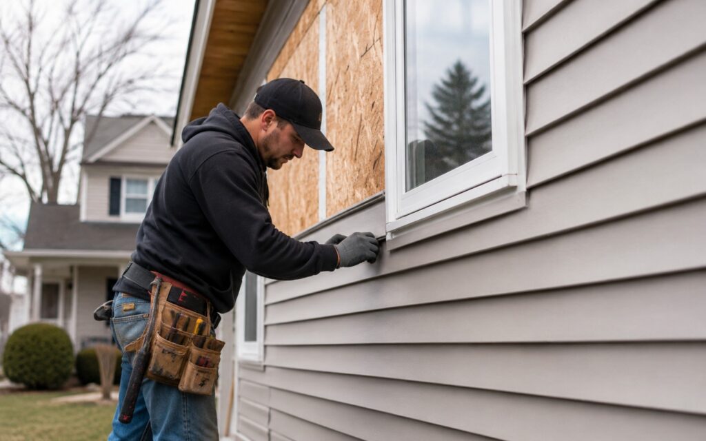 A contractor wearing a tool belt and black hoodie installs light grey horizontal siding on the exterior wall of a home near a window.