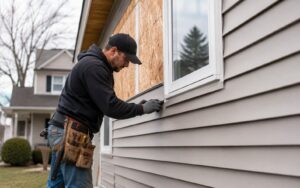 A contractor wearing a tool belt and black hoodie installs light grey horizontal siding on the exterior wall of a home near a window.
