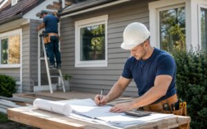 A contractor in a hard hat reviewing blueprints and using a calculator on a work table while another worker installs siding on a home in the background.