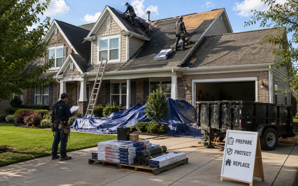 roofers replacing shingles on a two-story suburban home with roofing materials and a sign reading "prepare protect replace" on the driveway.