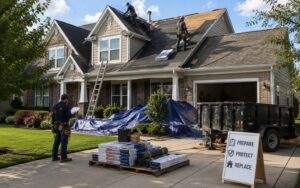 roofers replacing shingles on a two-story suburban home with roofing materials and a sign reading "prepare protect replace" on the driveway.