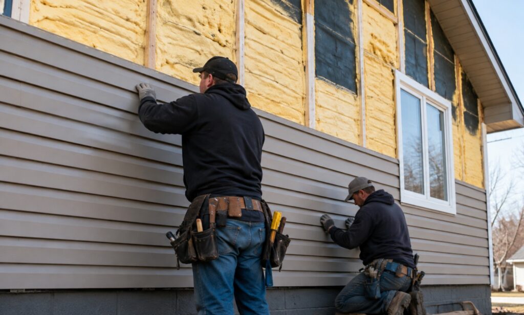 two contractors installing vinyl siding over yellow wall insulation on the exterior of a home.