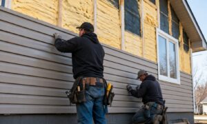 two contractors installing vinyl siding over yellow wall insulation on the exterior of a home.