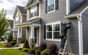 a contractor standing on a ladder installing dark gray siding on the exterior of a two-story residential home.