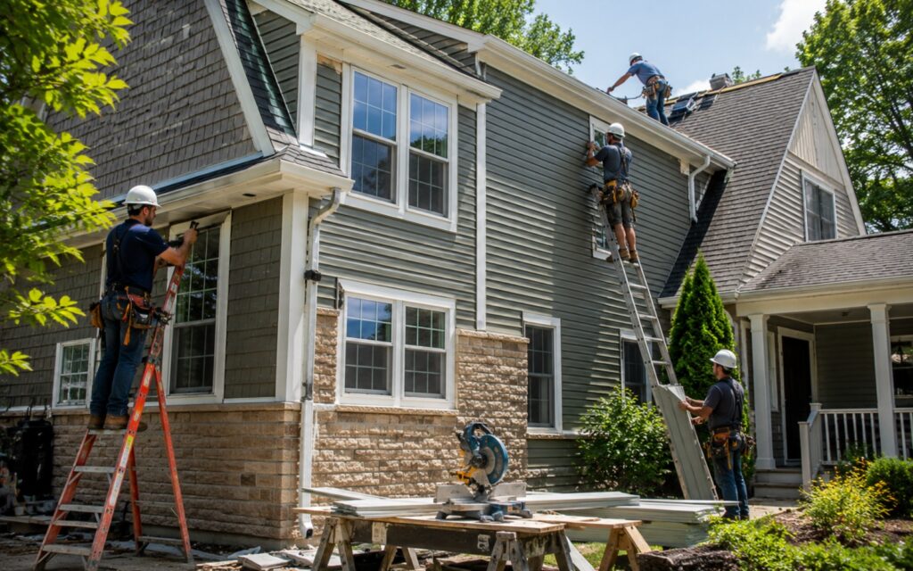 A crew of workers installing new insulated siding, windows, and roof upgrades on a multi-story home exterior.