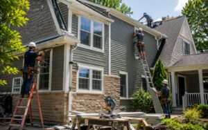A crew of workers installing new insulated siding, windows, and roof upgrades on a multi-story home exterior.