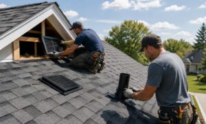 two contractors working on a residential roof installing roof vents and a pipe boot flashing.