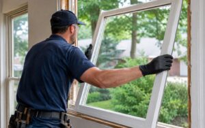 a contractor installing a new white window frame inside a home.