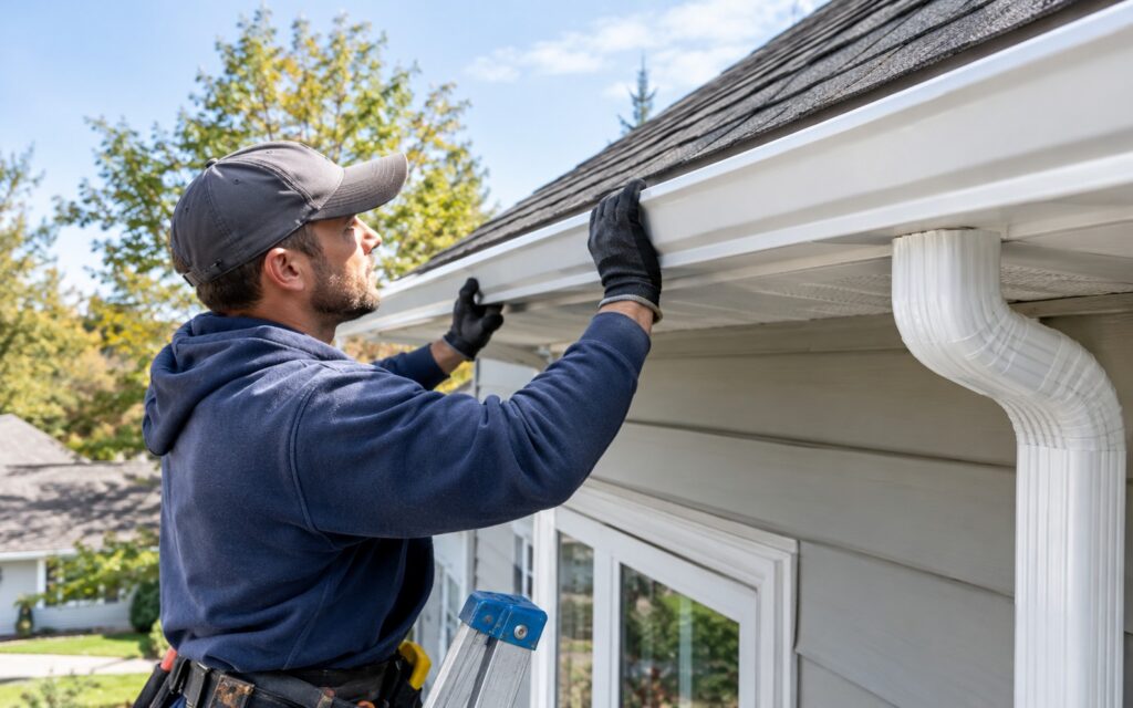 A worker installing a white aluminum gutter on the roof edge of a residential home.