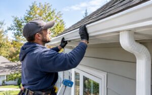 A worker installing a white aluminum gutter on the roof edge of a residential home.