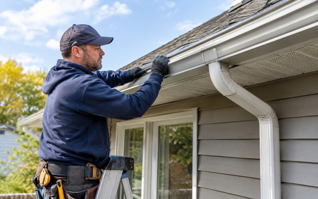A contractor standing on a ladder while installing or inspecting white aluminum rain gutters and a downspout on a residential roofline.
