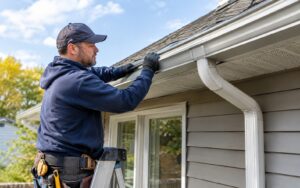 A contractor standing on a ladder while installing or inspecting white aluminum rain gutters and a downspout on a residential roofline.