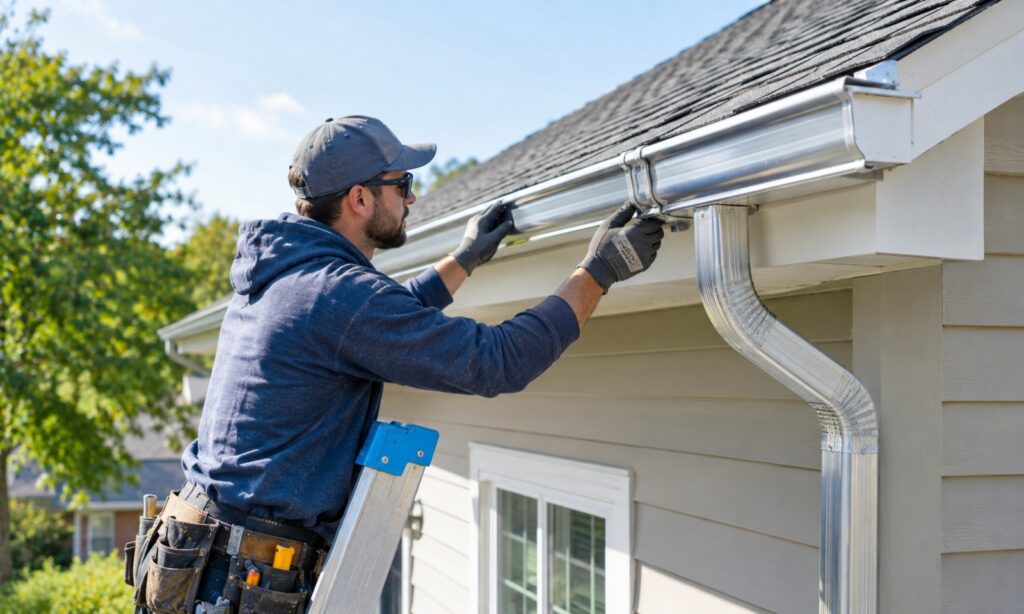 Worker installing aluminum gutters and downspout on a residential home roof.