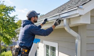 Worker installing aluminum gutters and downspout on a residential home roof.