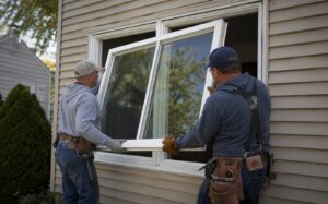 Two contractors installing a new glass window on a residential home with beige siding.
