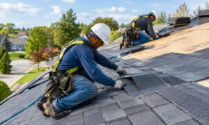 Two roofers installing dark asphalt shingles on a residential house roof.