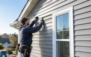 A contractor installing horizontal grey vinyl siding next to a window on a house exterior.