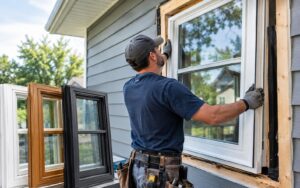 A contractor installing a new white window frame on a house exterior, with additional replacement window options lined up nearby.