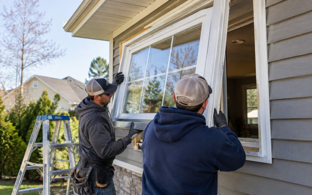two contractors installing a new white window frame on the exterior of a residential home.