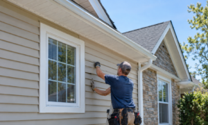 Professional worker installing vinyl siding on a Rochester Hills, Michigan home with a dark roof and white gutters.