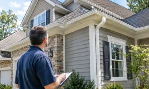 Homeowner inspecting a remodeled home's exterior featuring new roofing, siding, energy-efficient windows, and gutters to evaluate home improvement ROI.