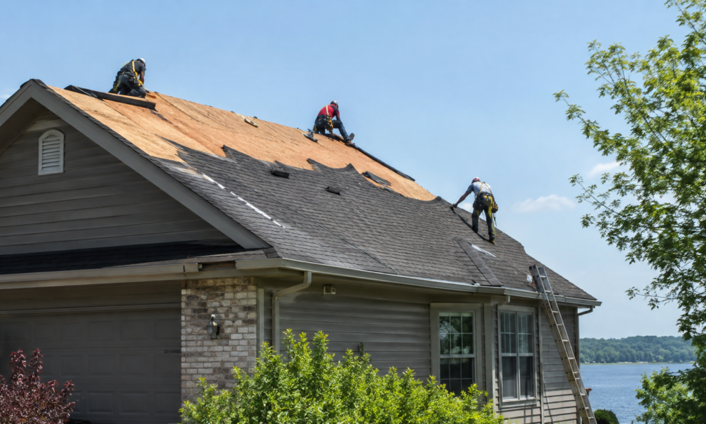Roof replacement in Pinckney, MI, with contractors installing asphalt shingles on a residential home.