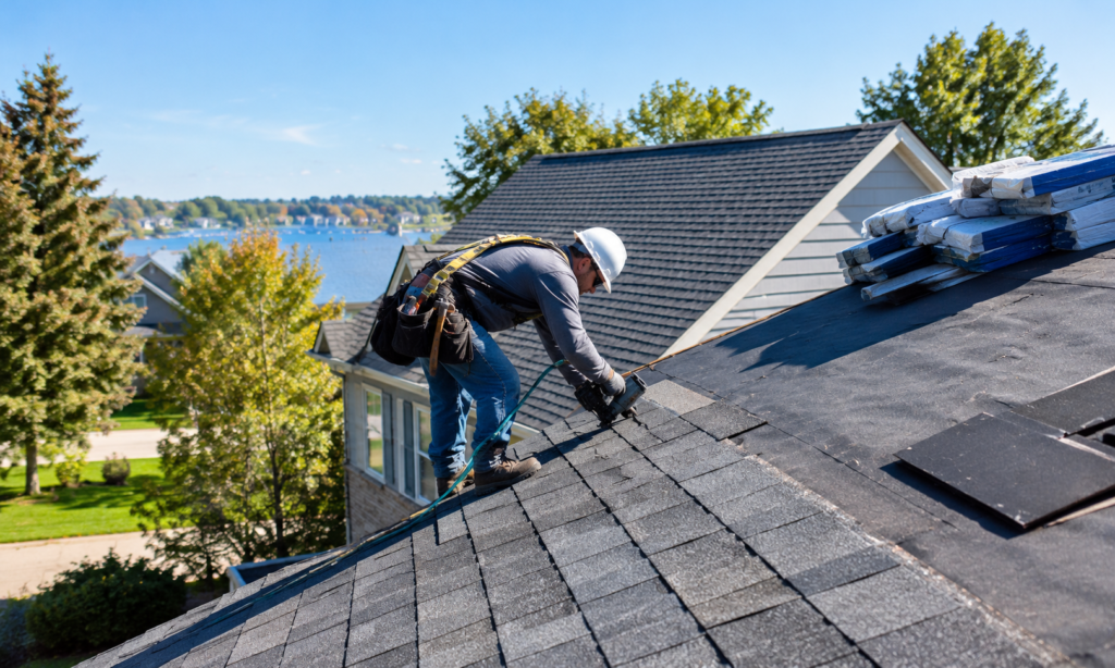 Roofer installing dark asphalt shingles on a residential roof in Rochester Hills, Michigan.