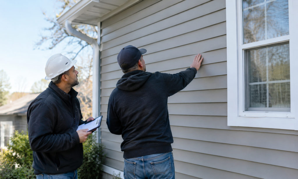 Two contractors inspecting gray exterior house siding during a siding installation project in Bloomfield Hills Township.