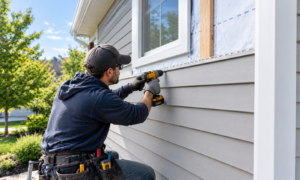 Worker installing gray vinyl siding on a home in Bingham Farms, Michigan.