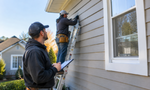 Professional contractors inspecting and installing exterior vinyl siding on a residential home in Rochester Hills, Michigan.