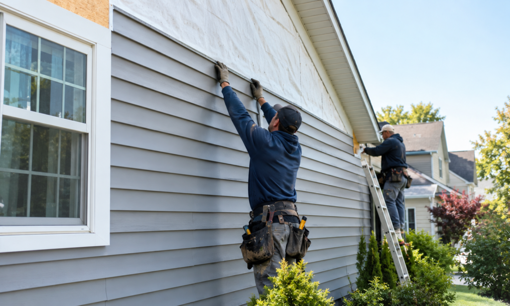 Vinyl siding installation on a home in Bingham Farms, MI, with contractors fitting gray panels and white trim.