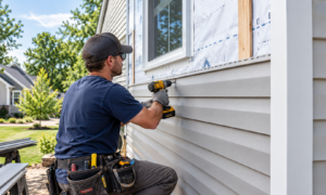 Worker installing light gray vinyl siding on a suburban home in Bloomfield Hills Township.