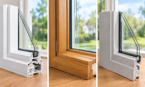 Comparison of white vinyl, natural wood, and gray fiberglass window frames for Michigan homes.
