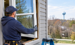 A professional installer fitting a new white-framed replacement window on a residential home in Davisburg, Michigan.