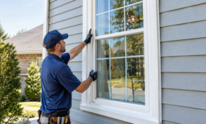 Professional window replacement worker installing a new window on a residential home in Fenton, Michigan.